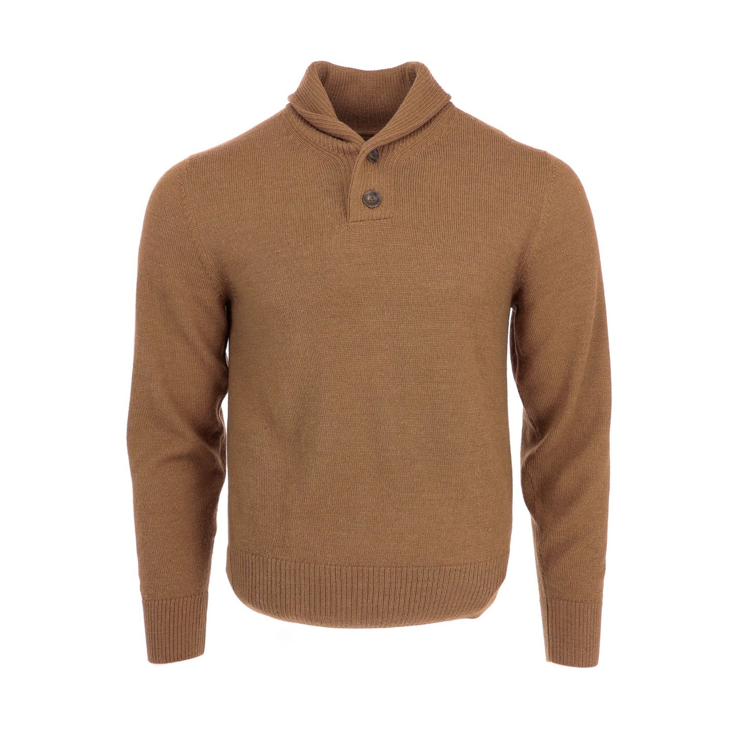 The Henry Shawl Sweater in Royal Alpaca by Tom Beckbe is a brown men's knit with a shawl collar and two front buttons.