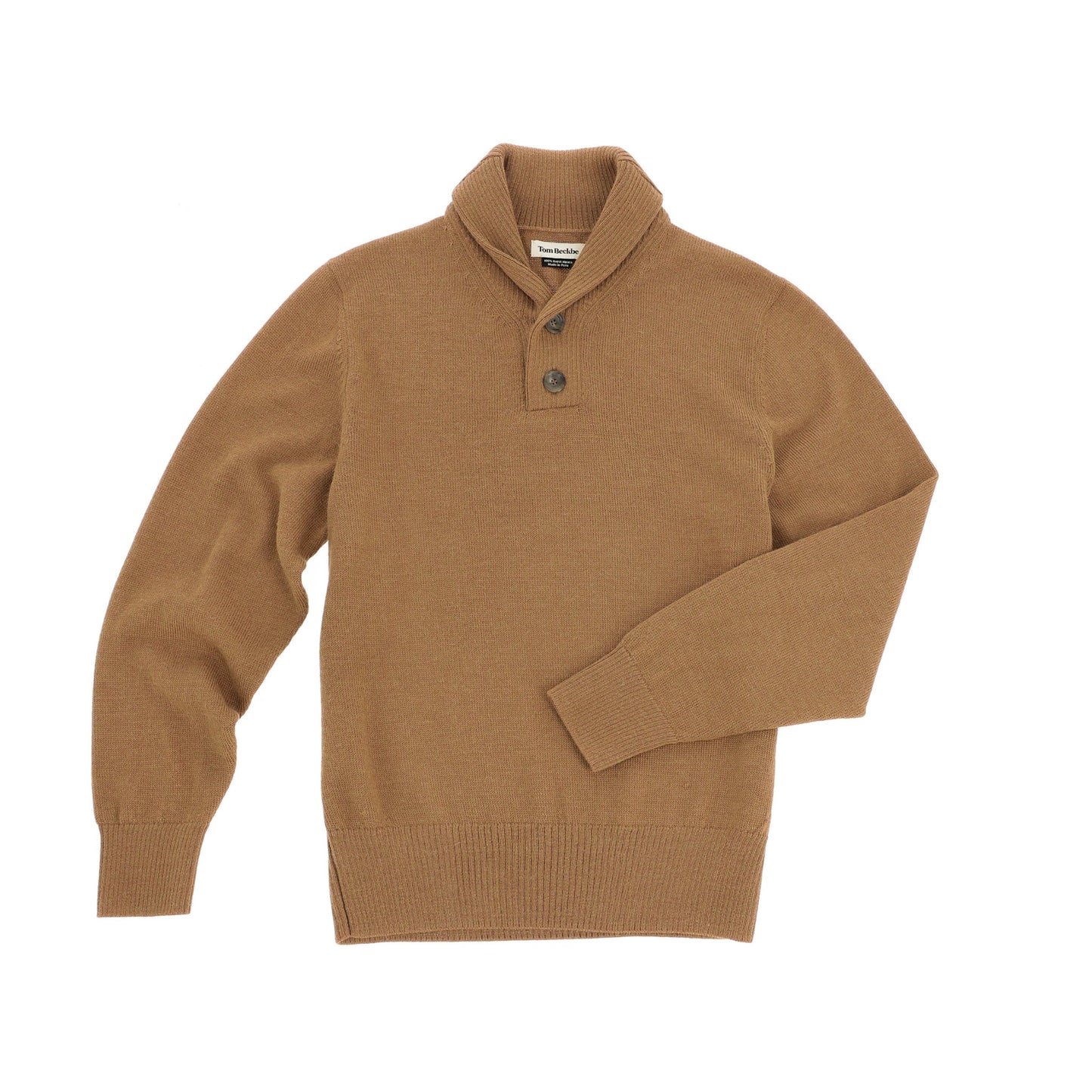 The Tom Beckbe Henry Shawl Sweater in camel royal alpaca, with two buttons, laid flat on a white background.