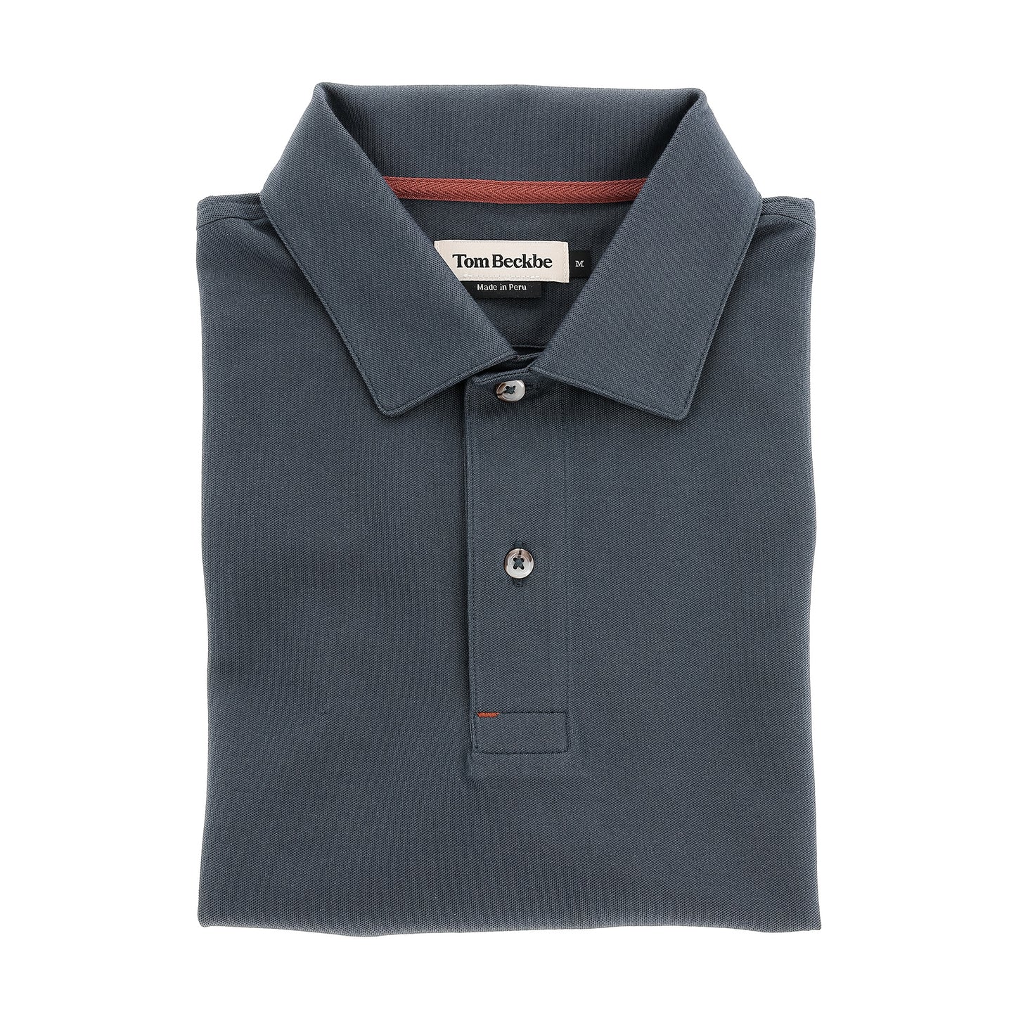 A folded dark gray Hutton Performance Polo for men with a collar and three buttons, by Tom Beckbe.