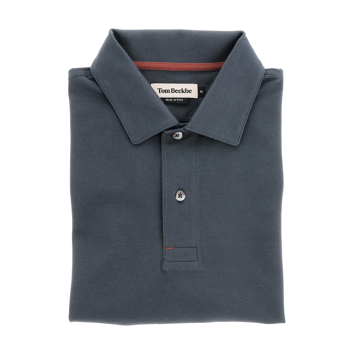 A folded dark gray Hutton Performance Polo for men with a collar and three buttons, by Tom Beckbe.