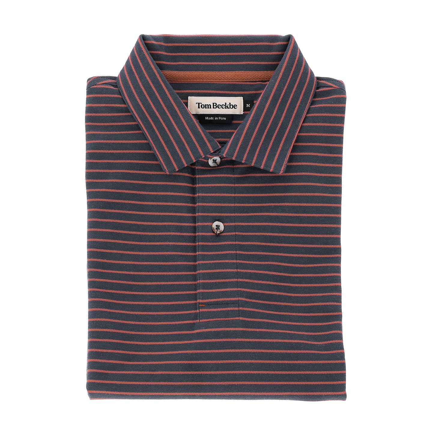 A folded Tom Beckbe Hutton Performance Polo for men in navy with thin red stripes and a two-button collar.