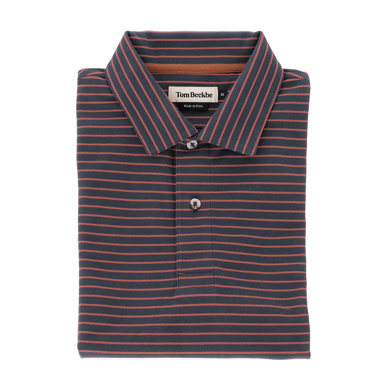 A folded Tom Beckbe Hutton Performance Polo for men in navy with thin red stripes and a two-button collar.