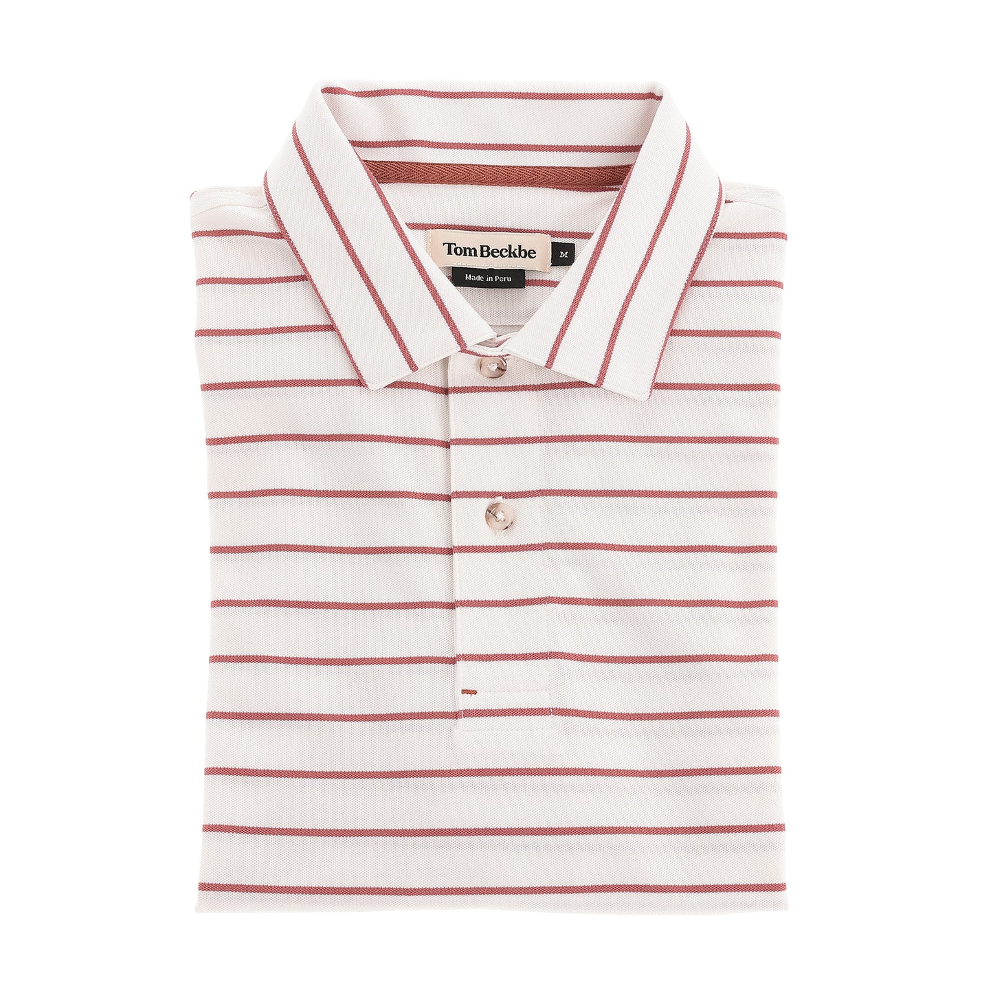 The Tom Beckbe Hutton Performance Polo is a white, moisture-wicking polo with red stripes and a buttoned collar.