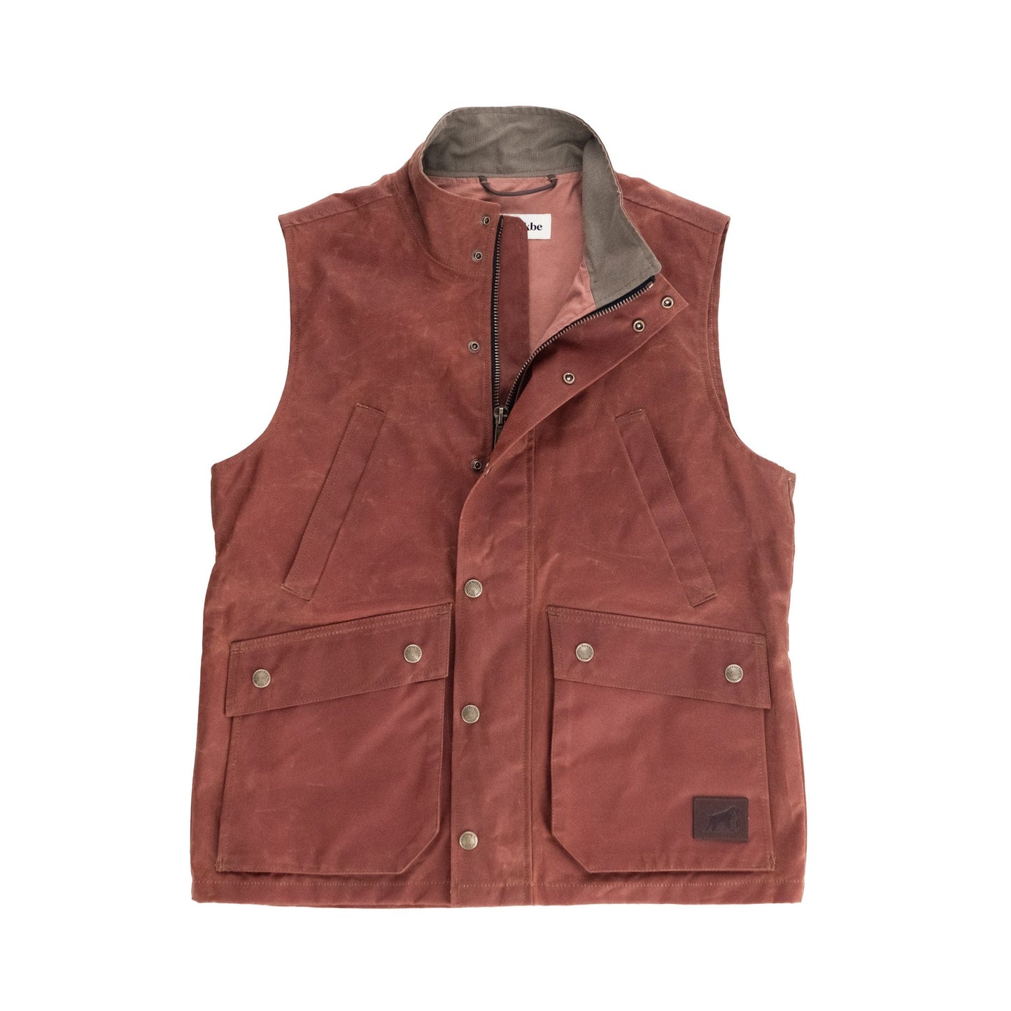The Tom Beckbe Fox Red Kinsman Vest, a sleeveless hunting vest with multiple pockets and snap buttons, on white background.
