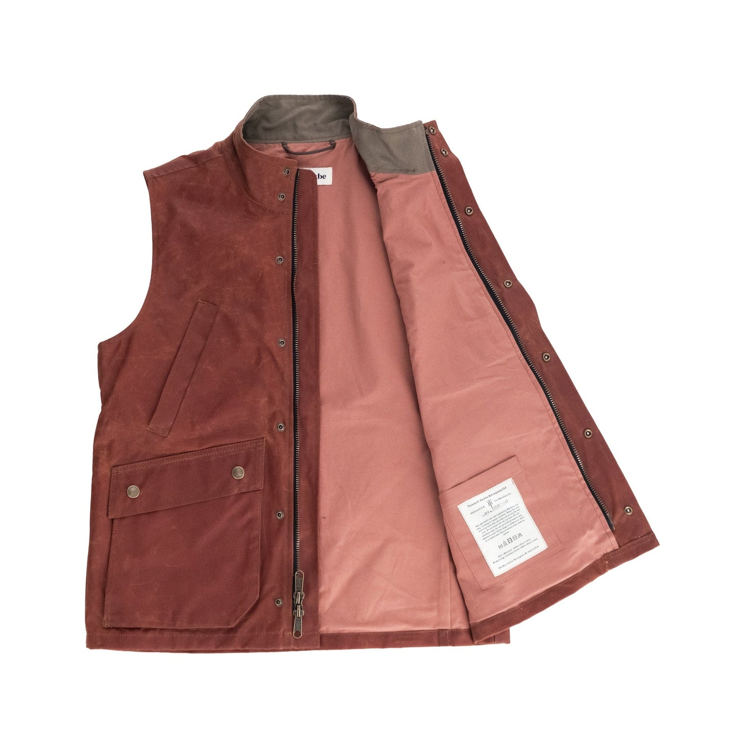 Limited edition Fox Red Kinsman Vest by Tom Beckbe with button/zip, front pockets, pink lining, shown open on white bg.