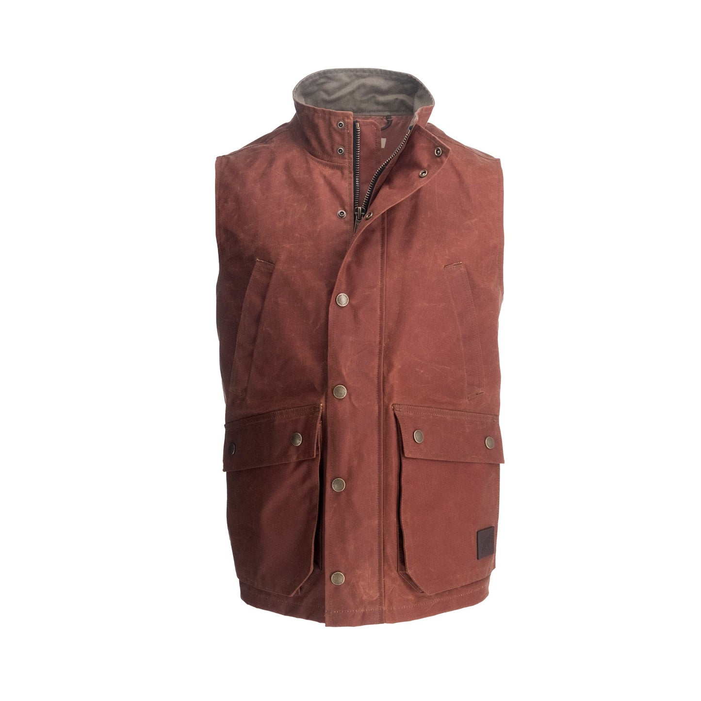 Limited edition Fox Red Kinsman Vest by Tom Beckbe with button & zipper closure, front pockets, and stand-up collar.