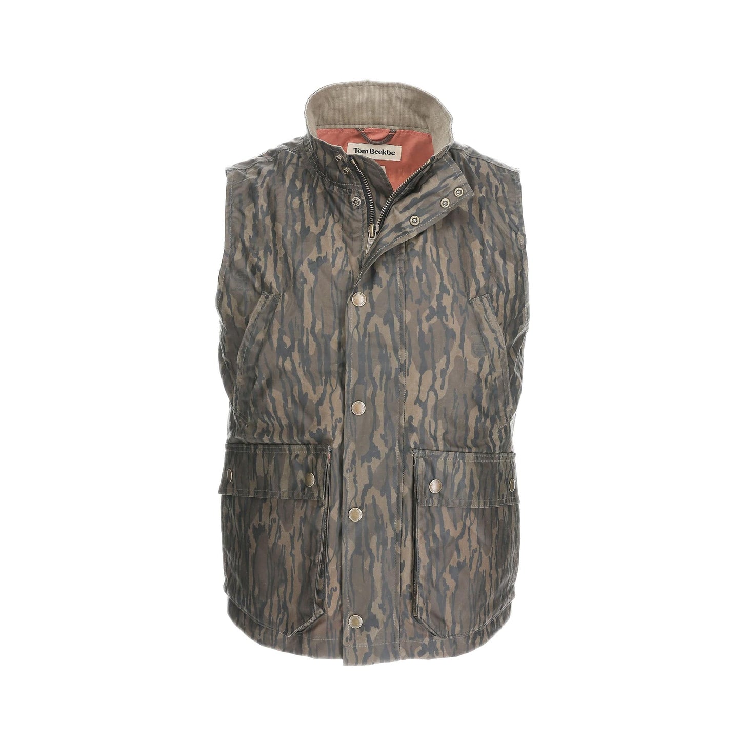 Tom Beckbes Kinsman Vest in Mossy Oak Original Bottomland features snap buttons and two front pockets.