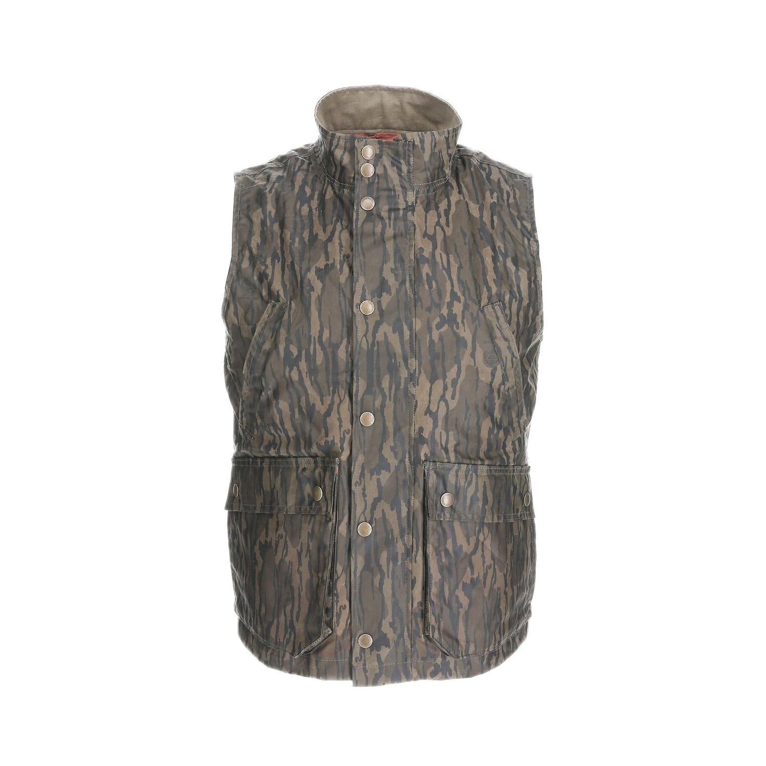 Tom Beckbes Kinsman Vest in Mossy Oak Original Bottomland features a high collar and pockets, perfect for outerwear or field gear.