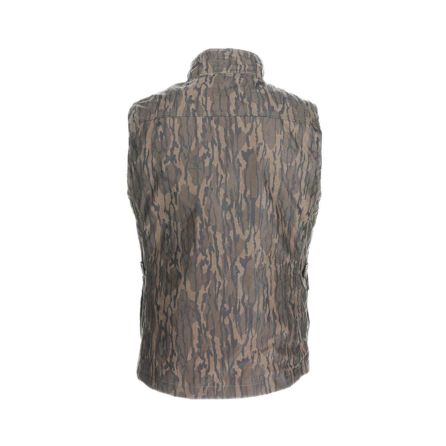Back view of Tom Beckbes Kinsman Vest in Mossy Oak Original Bottomland, sleeveless with a high collar, on a white background.