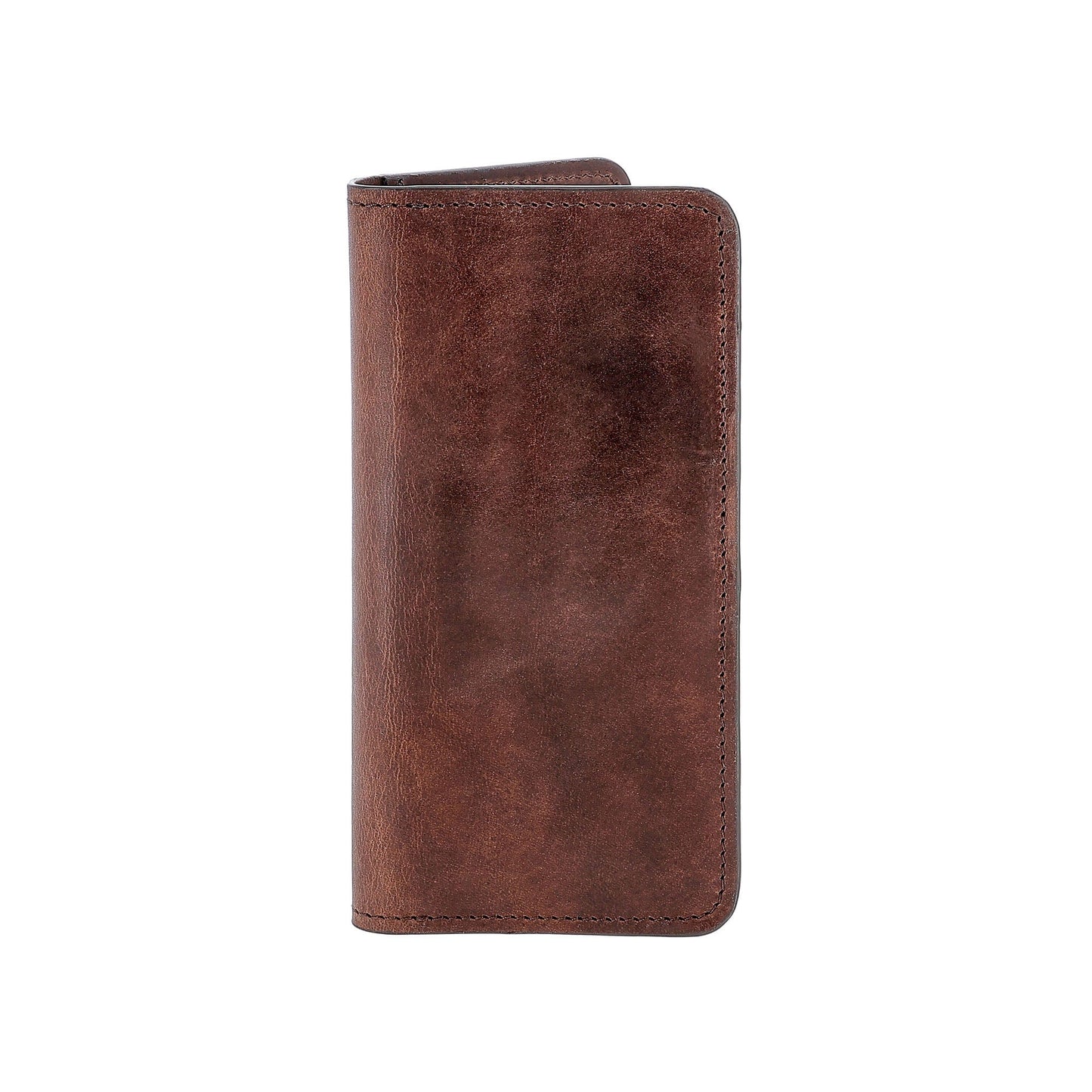 A Tom Beckbe Leather Billfold in closed brown full-grain leather stands upright on a white background.