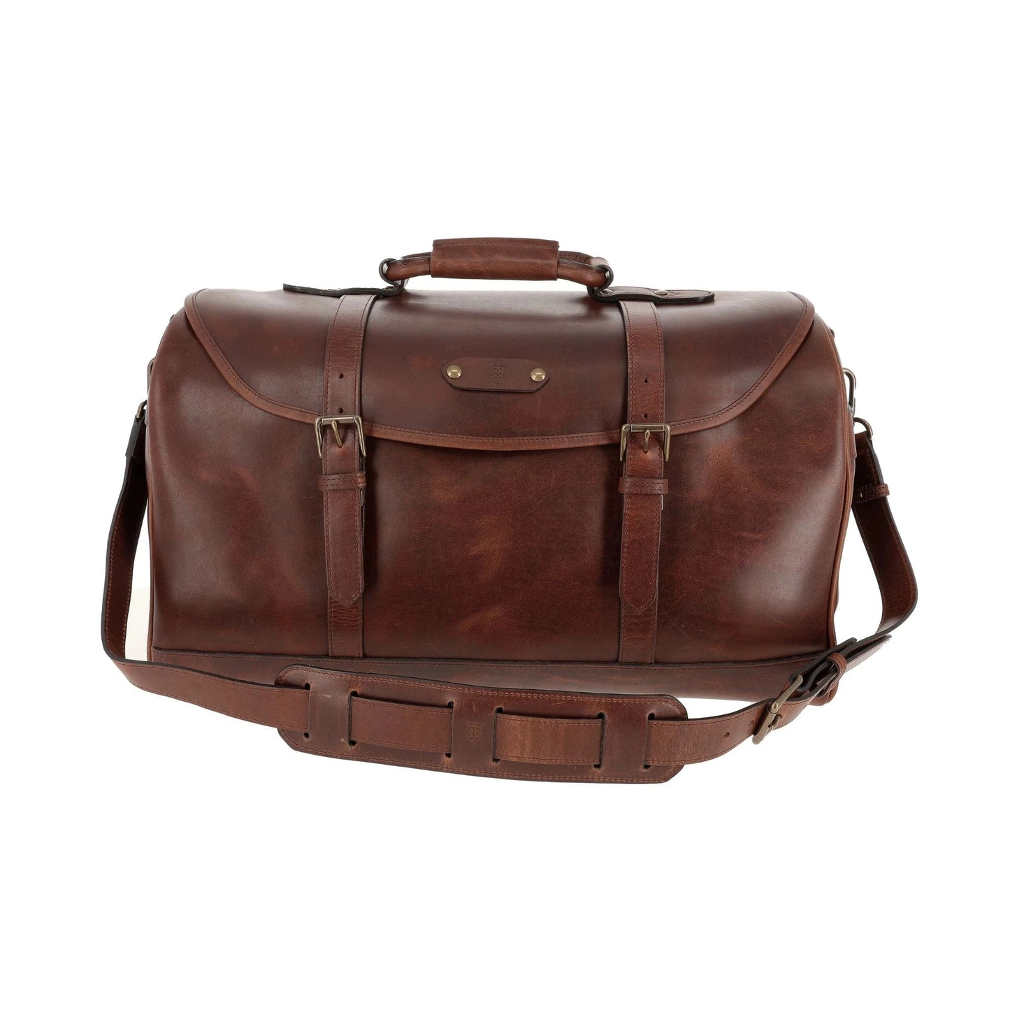 The Tom Beckbe Leather Weekender Duffel Bag features front buckles, a top handle, and a shoulder strap.