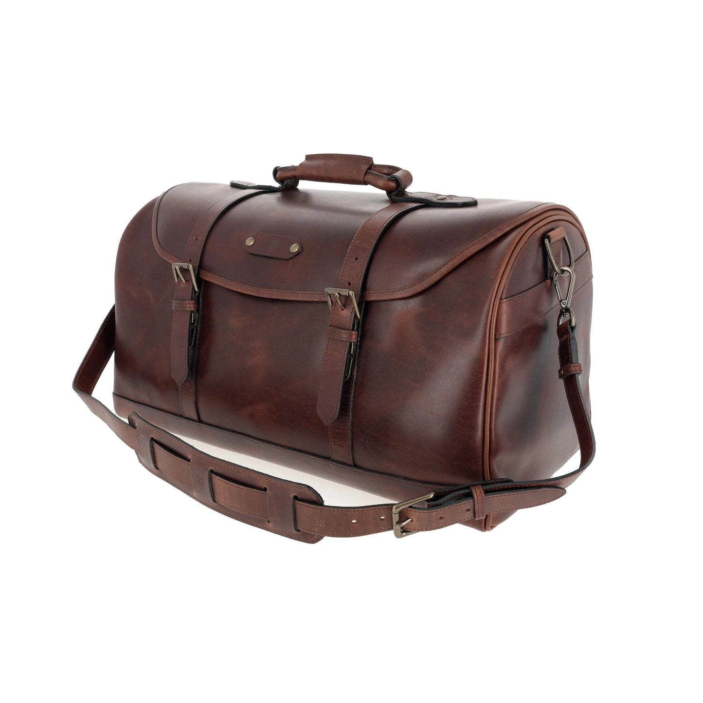 Tom Beckbe Leather Weekender Duffel Bag with shoulder strap and handles, shown on a white background.