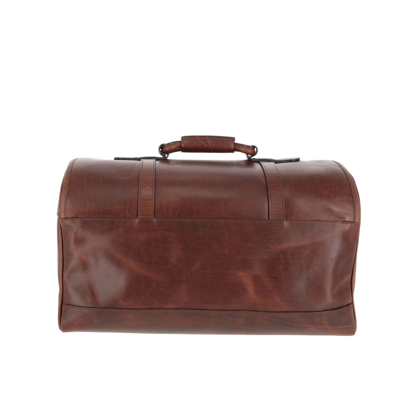 The Tom Beckbe Leather Weekender Duffel Bag in brown leather is shown from the front against a white background.