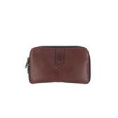 Tom Beckbes Leather Fly Wallet is brown with a zip-around design and central tab detail, crafted from quality materials.
