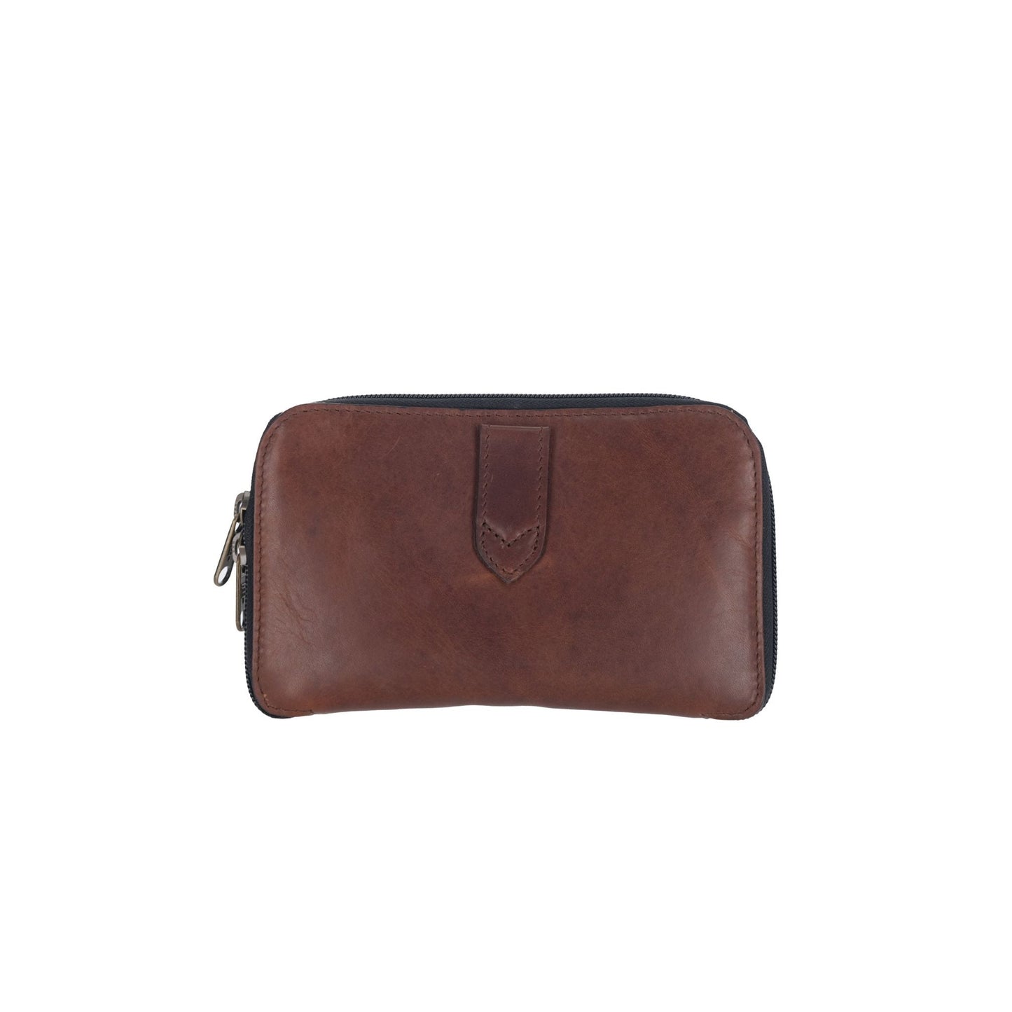 Tom Beckbes Leather Fly Wallet is brown with a zip-around design and central tab detail, crafted from quality materials.