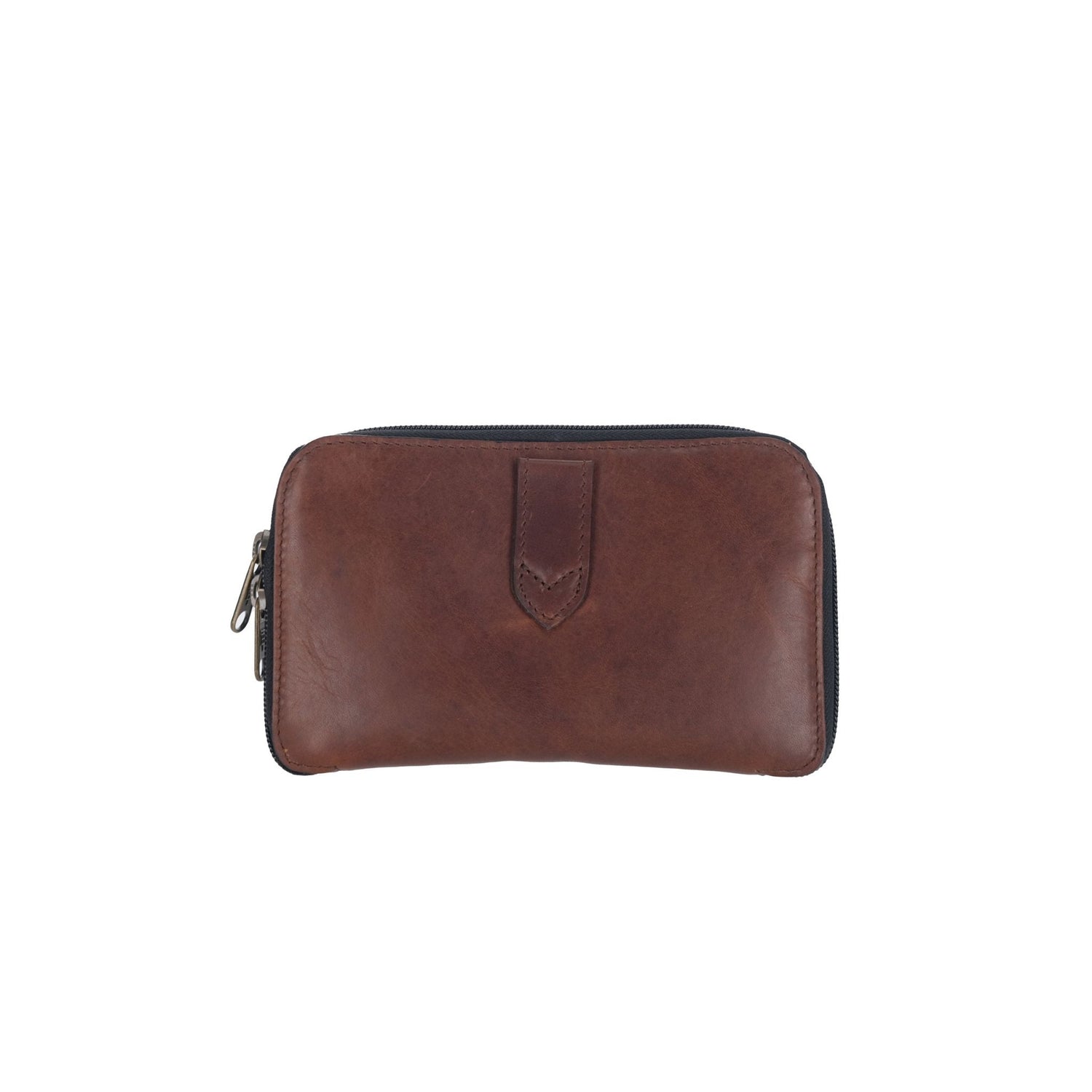 Tom Beckbes Leather Fly Wallet is brown with a zip-around design and central tab detail, crafted from quality materials.