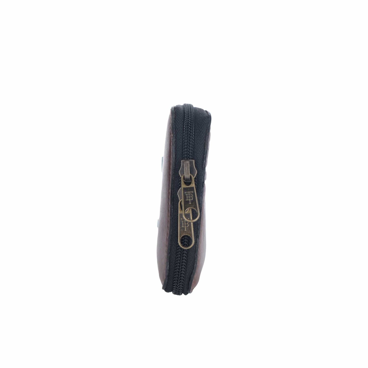 Tom Beckbe Leather Fly Wallet in brown leather with a black zipper and brass pull tab, crafted from quality materials.