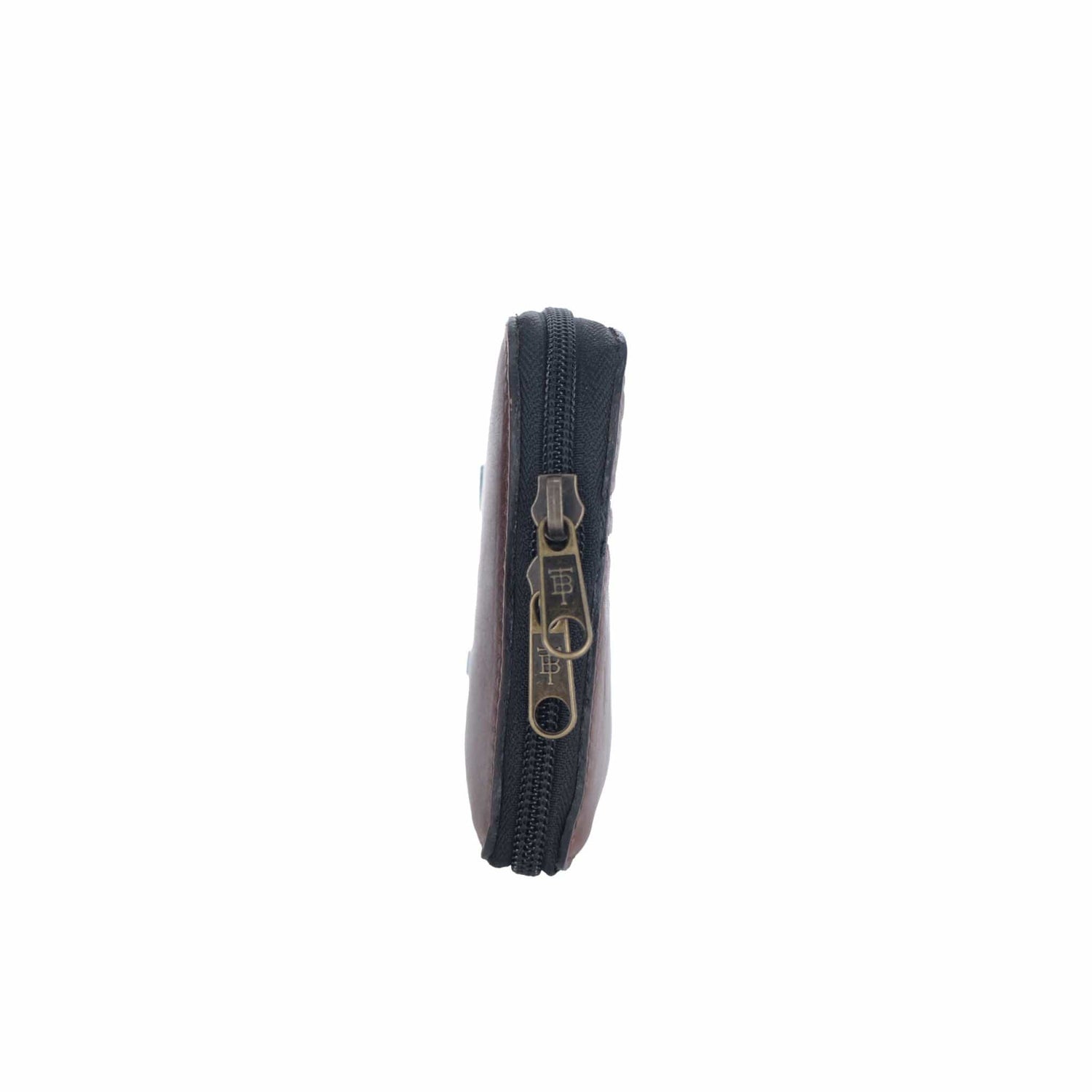 Tom Beckbe Leather Fly Wallet in brown leather with a black zipper and brass pull tab, crafted from quality materials.