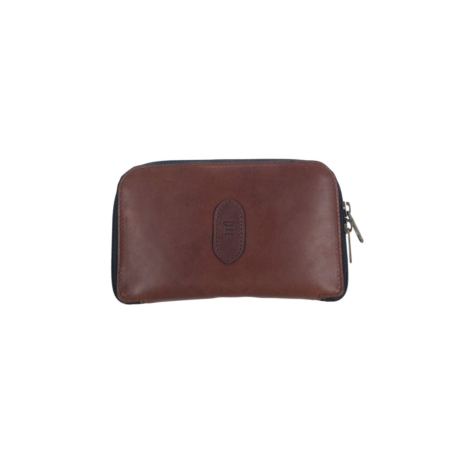 Tom Beckbe Leather Fly Wallet in brown leather with zip closure, displayed on a white background.