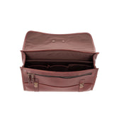 Open brown leather satchel with buckles, front zipper pocket, and multiple interior compartments and dividers visible.