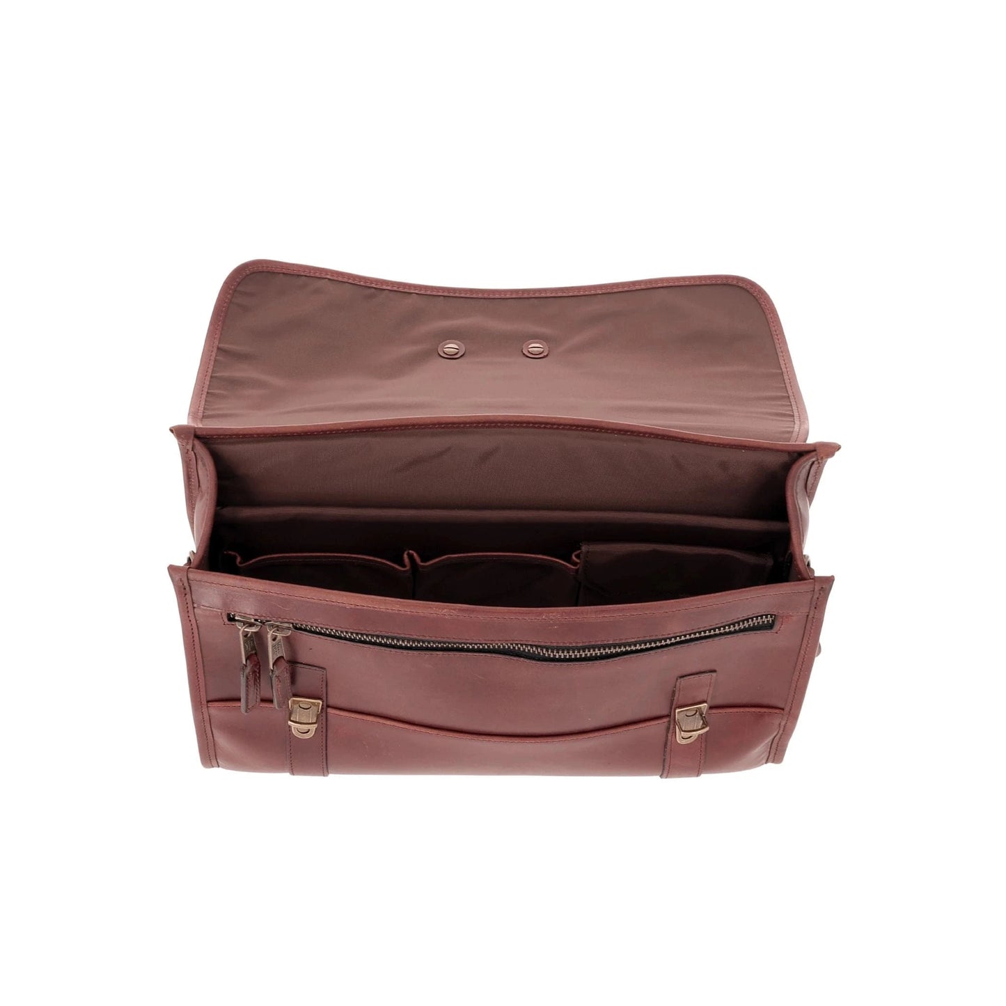 Open brown leather satchel with buckles, front zipper pocket, and multiple interior compartments and dividers visible.