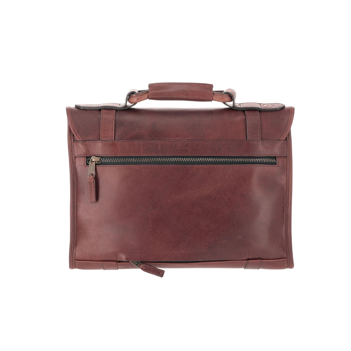 A brown leather briefcase with a top handle and a front zippered pocket, shown against a white background.
