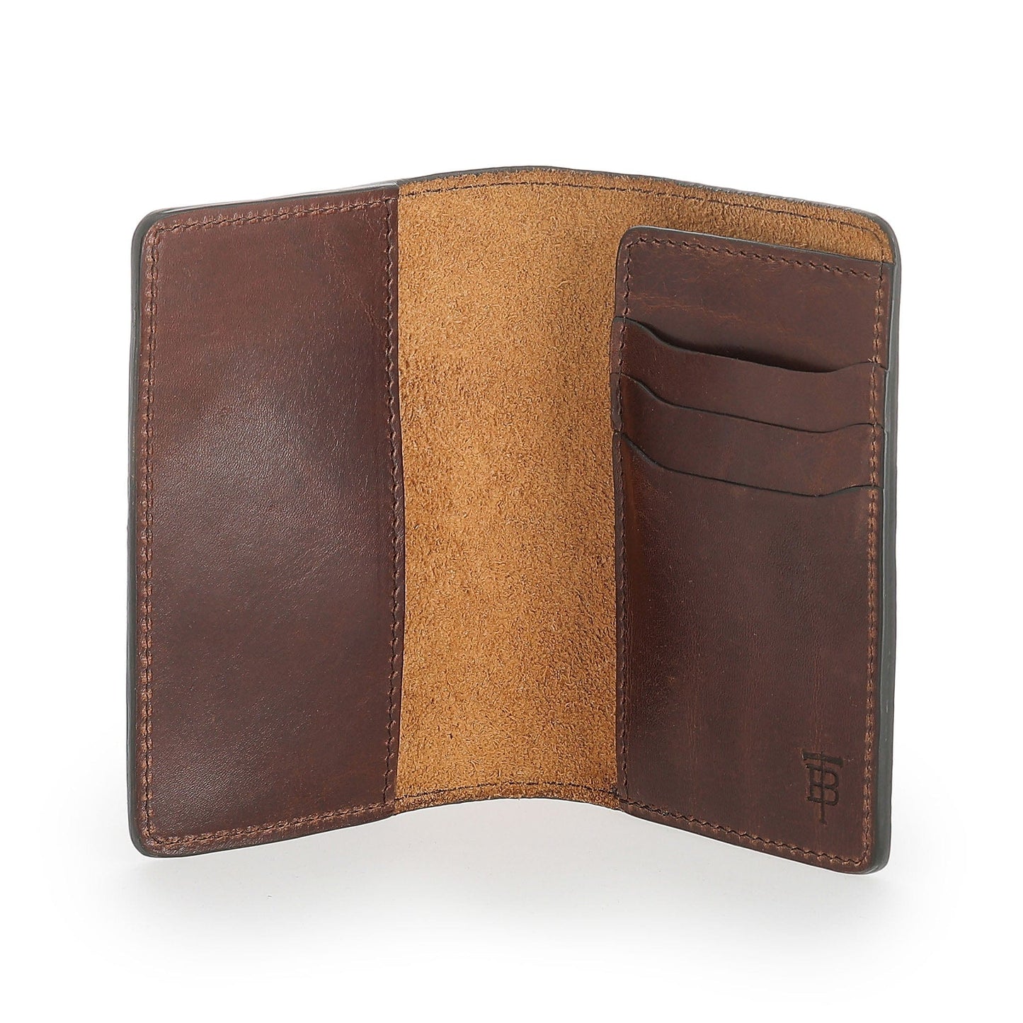 Open the Tom Beckbe Leather Passport Wallet to reveal card slots and a suede interior.