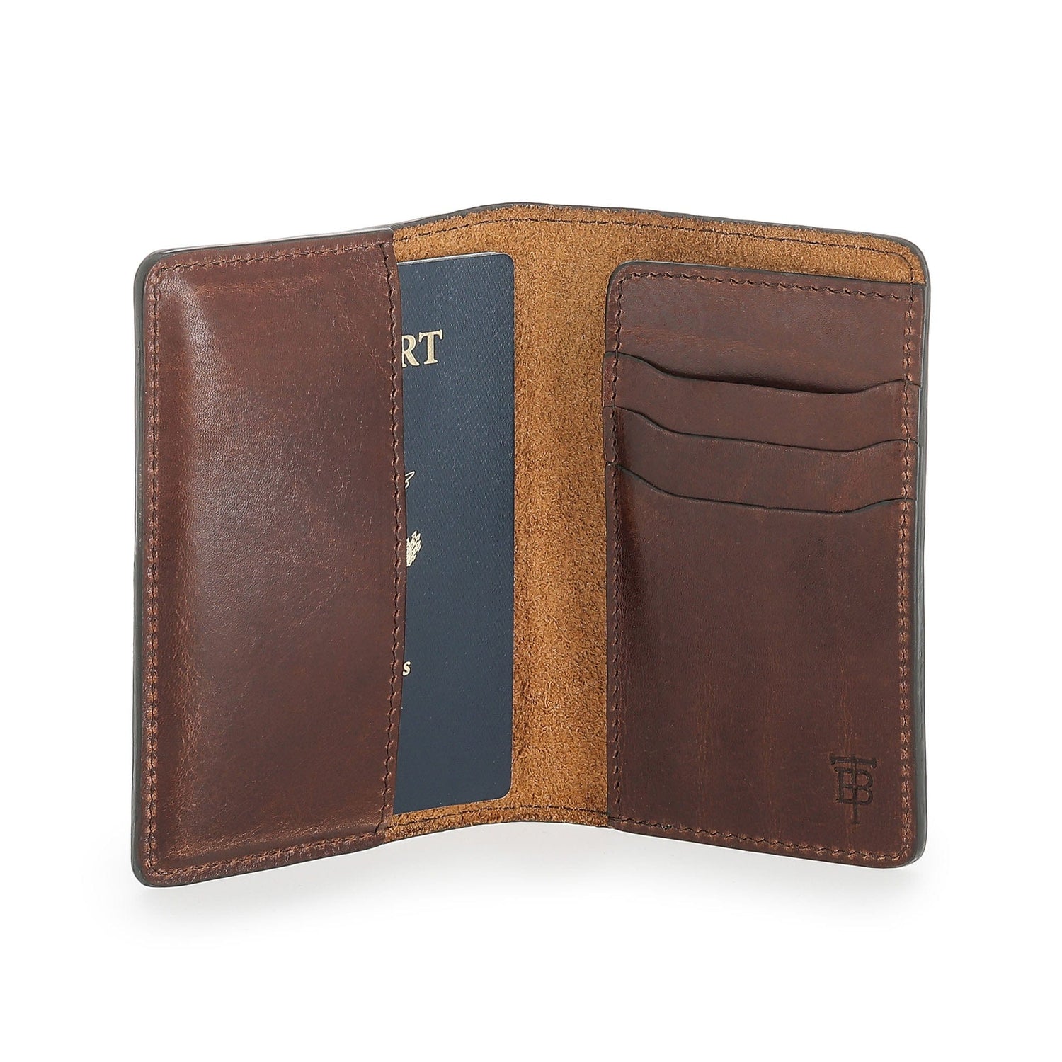 Tom Beckbe Leather Passport Wallet in full-grain leather, features card slots, a blue passport pocket, and corner logo.