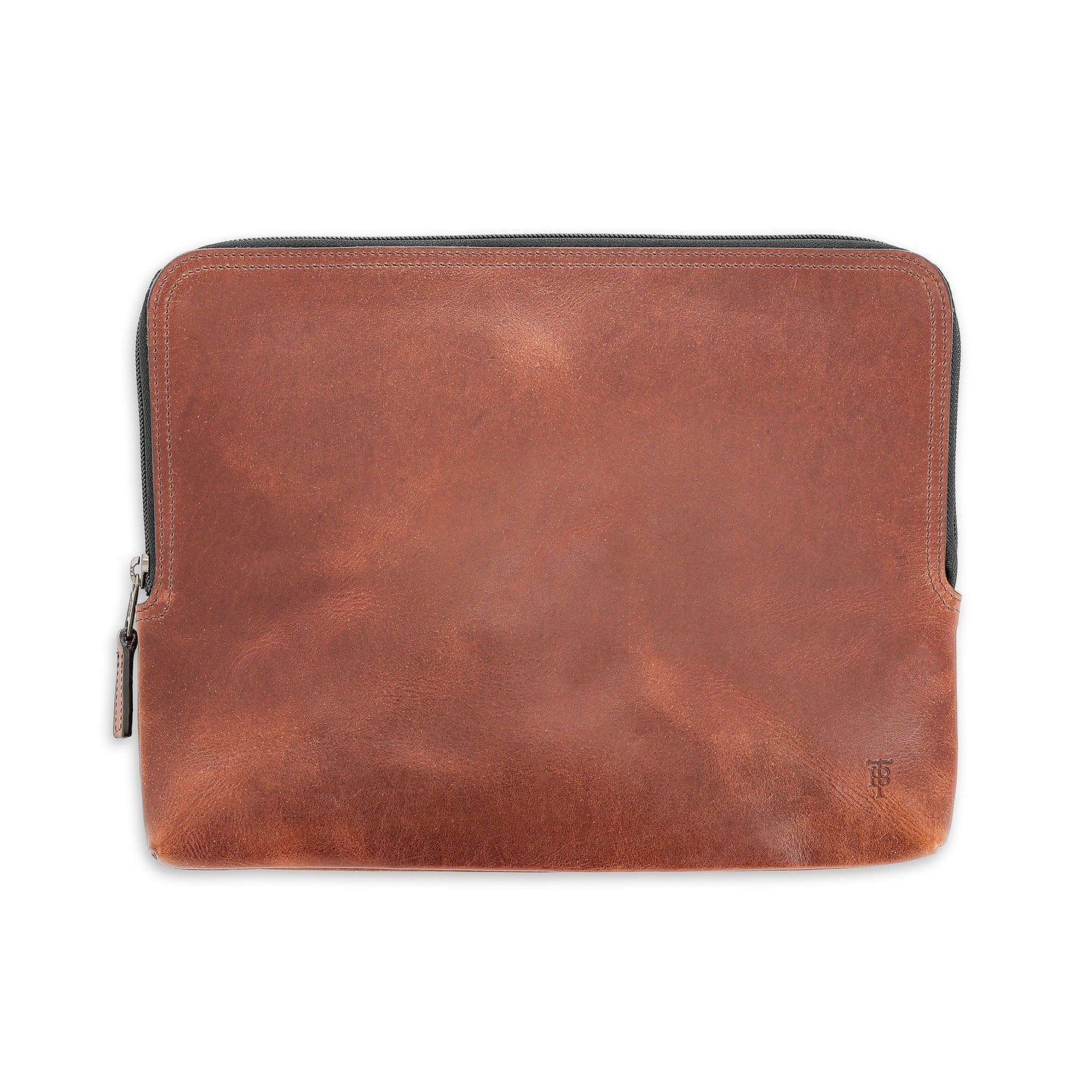 Tom Beckbe Leather Travel Pouch in brown full-grain leather with antique brass zipper, laid flat on white background.
