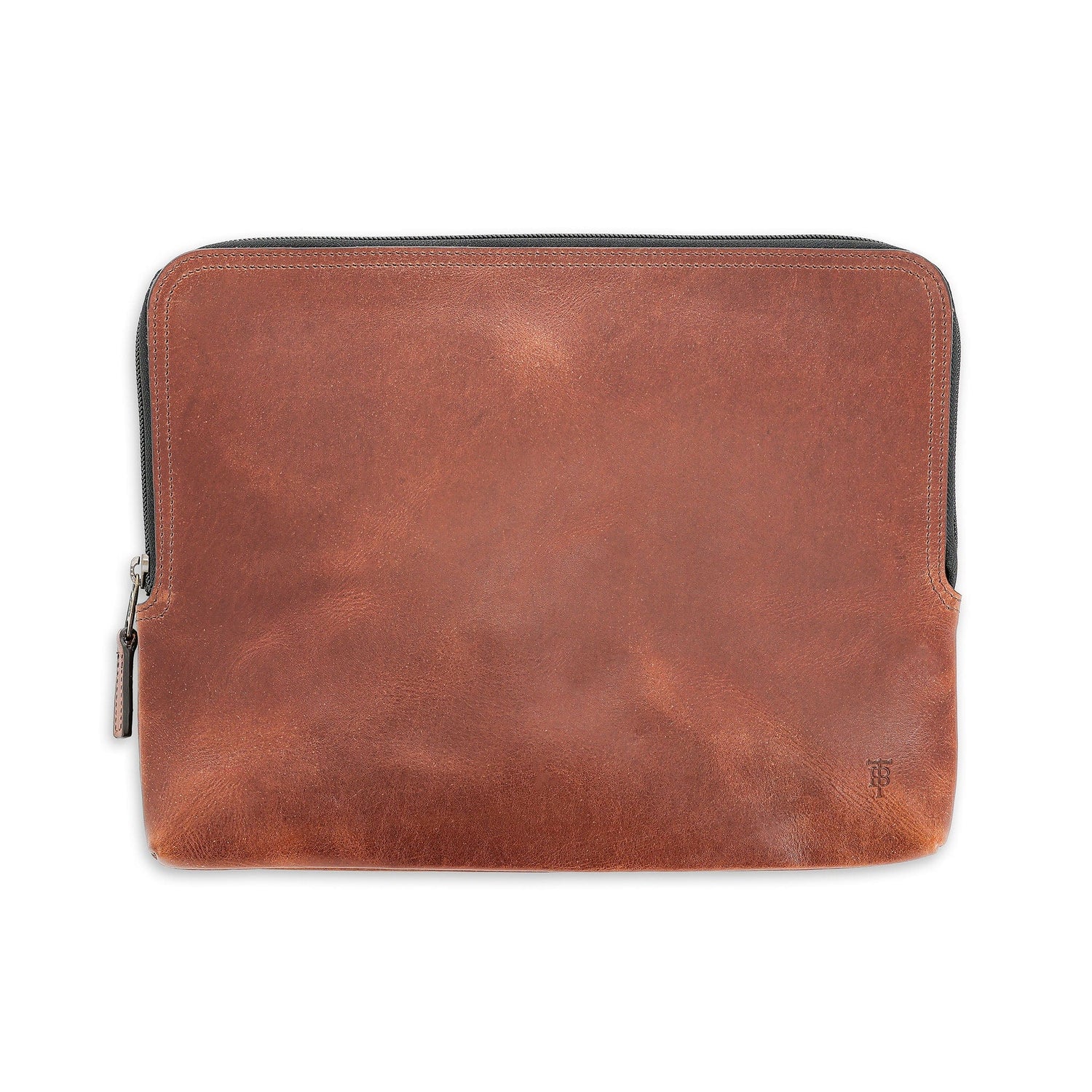 Tom Beckbe Leather Travel Pouch in brown full-grain leather with antique brass zipper, laid flat on white background.