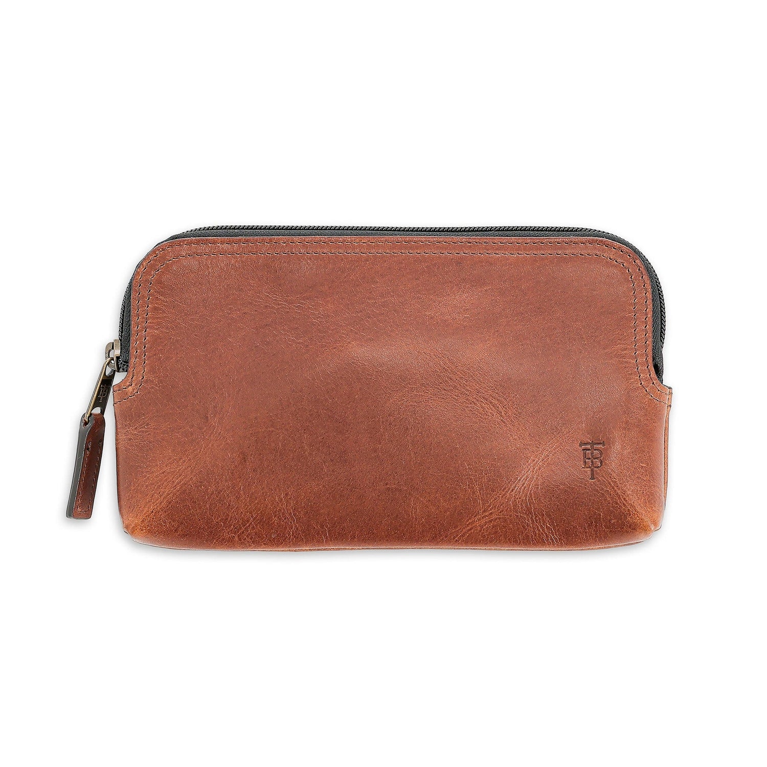 Tom Beckbes Leather Travel Pouch: brown full-grain leather with embossed logo and antique brass front zipper.