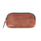 Tom Beckbe Leather Travel Pouch with embossed TB logo and antique brass zipper.