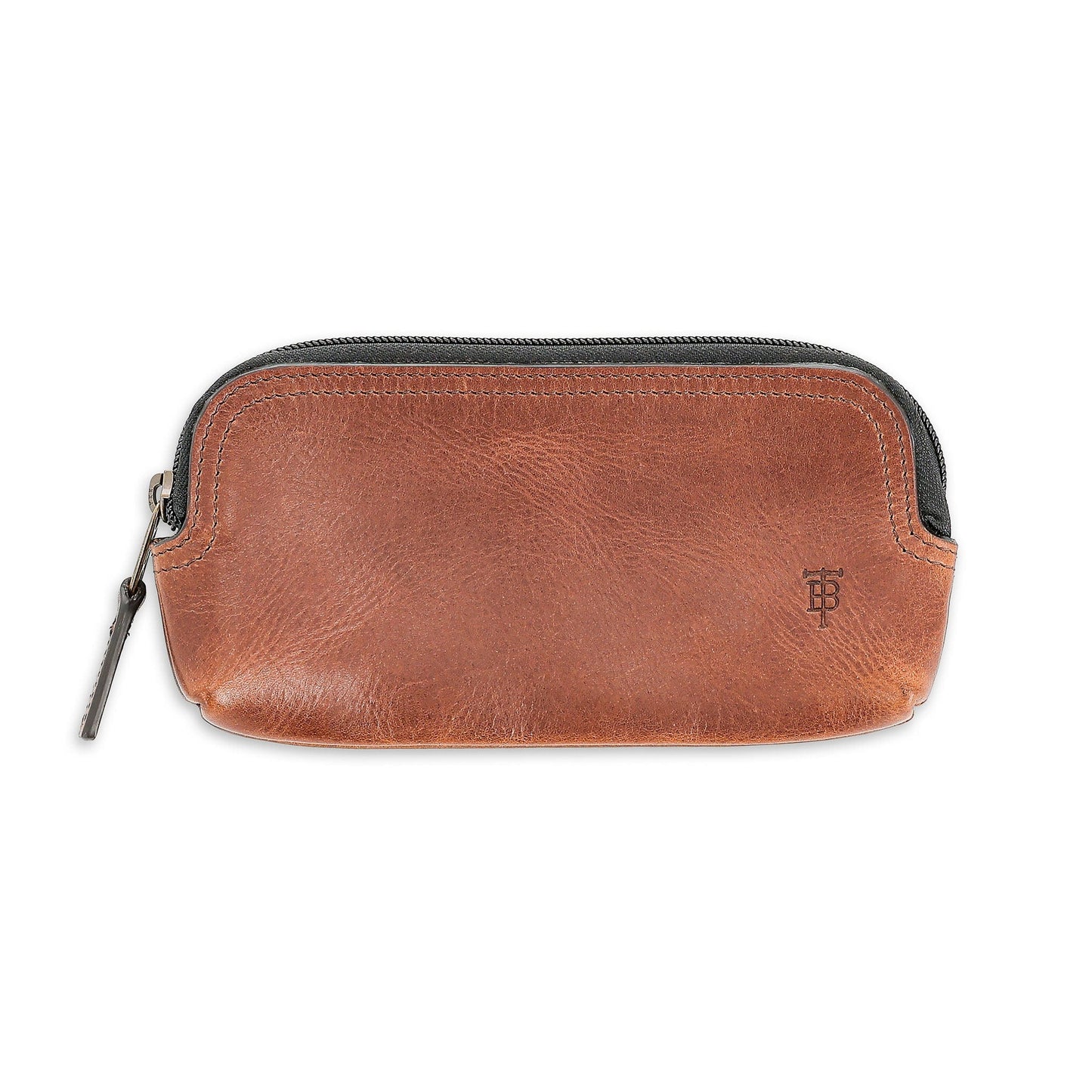 Tom Beckbe Leather Travel Pouch with embossed TB logo and antique brass zipper.