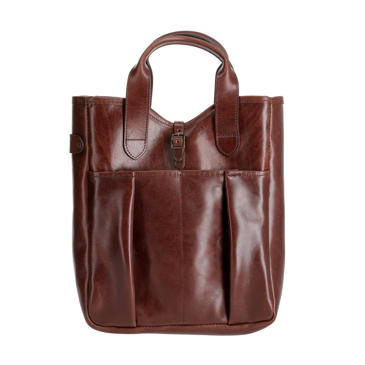 Tom Beckbe Oak Leather Whiskey Tote features two front pockets, short handles, and a buckle closure.