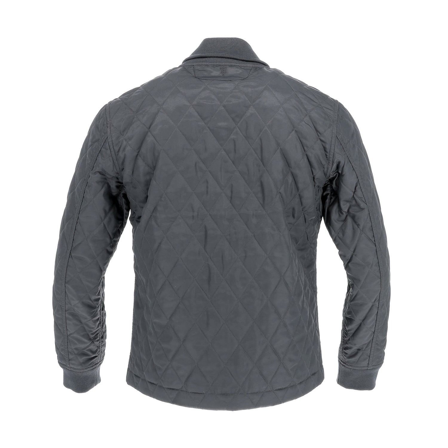 Back view of Tom Beckbe Logan Bomber Jacket in gray with quilted design, long sleeves, and ribbed cuffs.