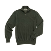 The Tom Beckbe York Merino Quarter Zip sweater in dark green, with ribbed cuffs and hem, laid flat on white.