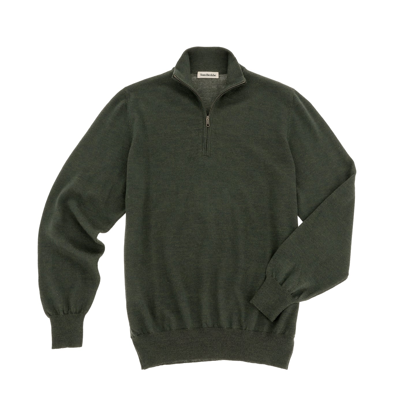 The Tom Beckbe York Merino Quarter Zip sweater in dark green, with ribbed cuffs and hem, laid flat on white.
