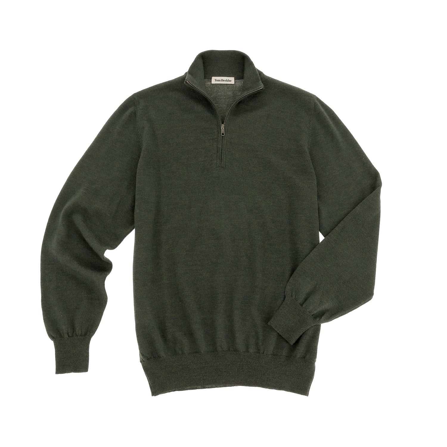 The Tom Beckbe York Merino Quarter Zip sweater in dark green, with ribbed cuffs and hem, laid flat on white.
