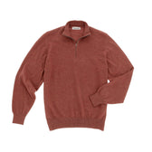 The Tom Beckbe York Merino Quarter Zip in rust is laid flat on a white background.