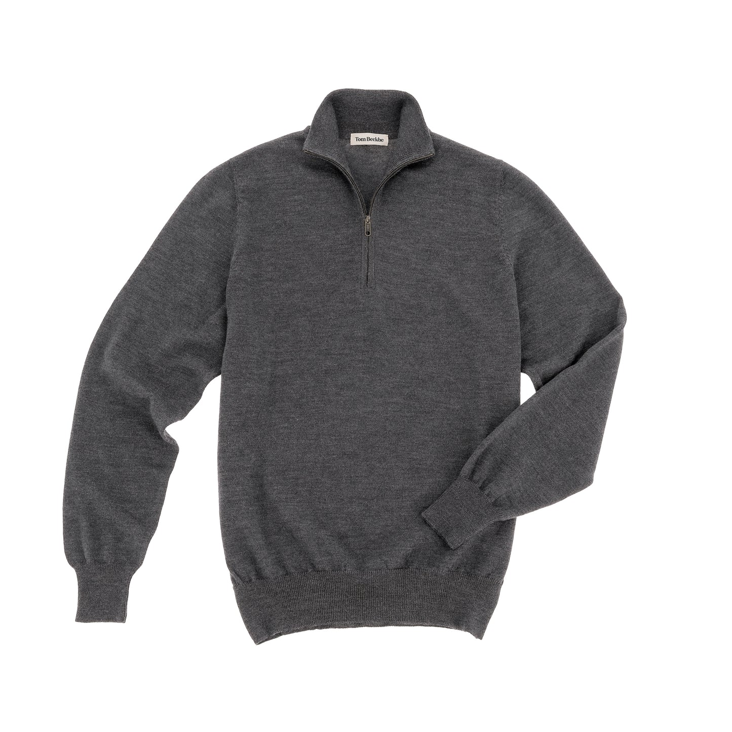 The Tom Beckbe York Merino Quarter Zip in dark gray is laid flat on a white background.