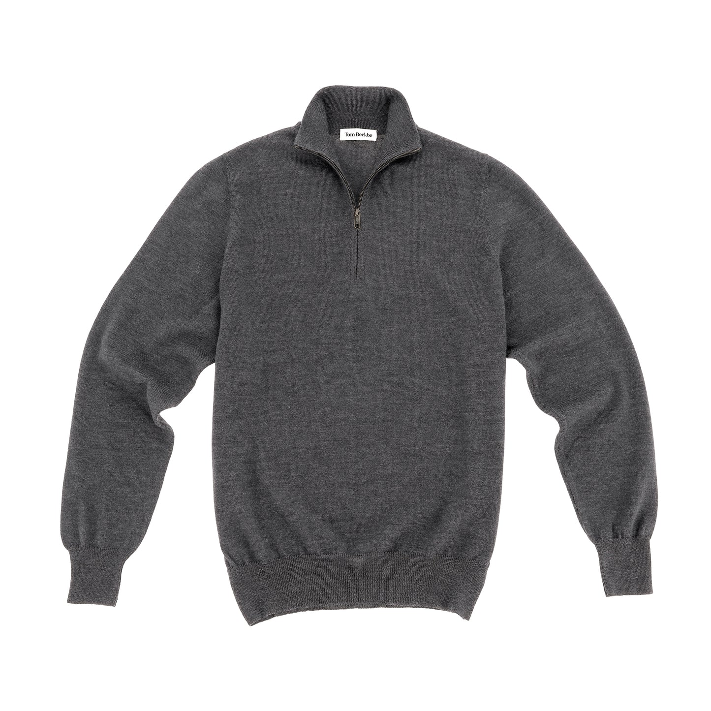 The Tom Beckbe York Merino Quarter Zip, a gray men’s sweater, is shown flat on a white background.