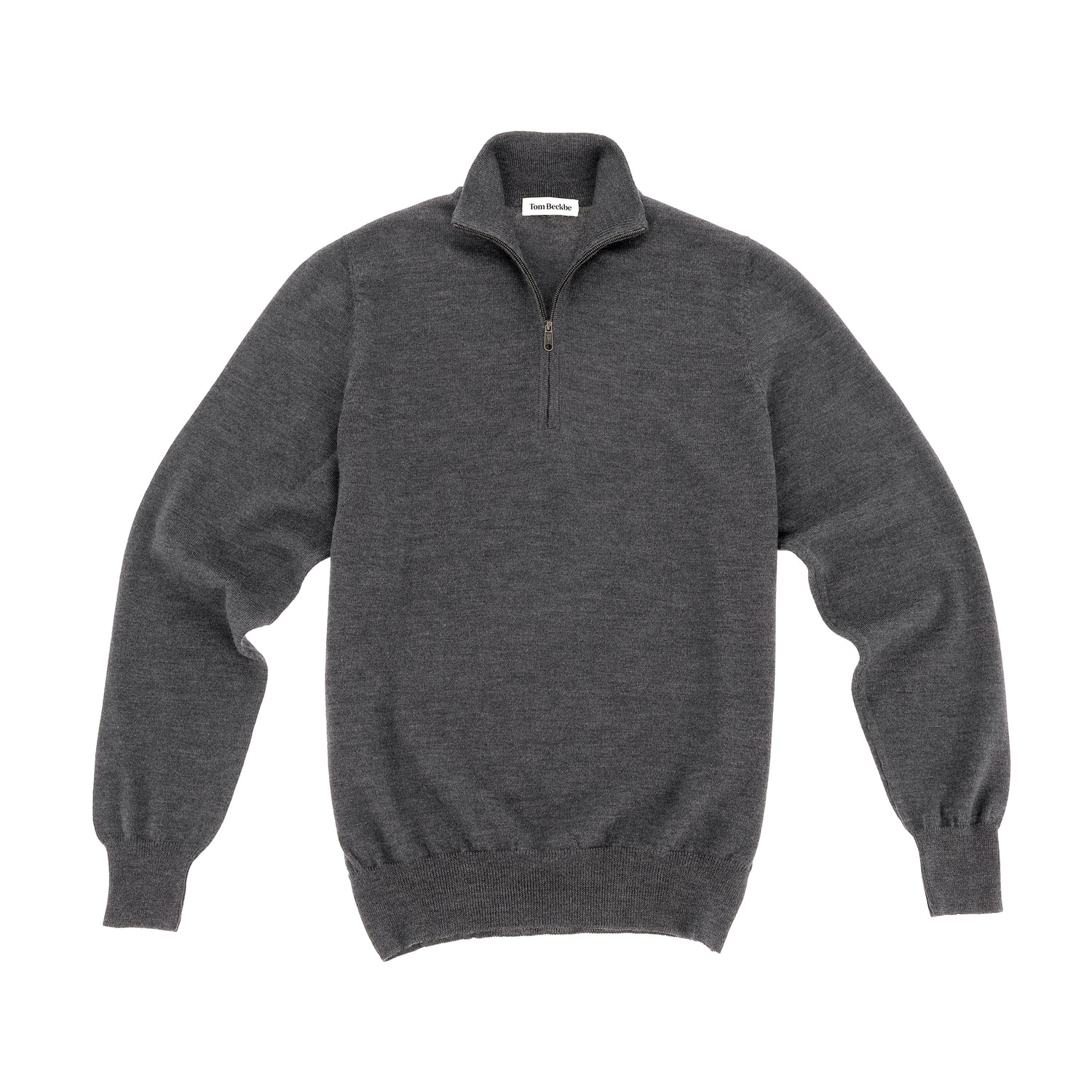 The Tom Beckbe York Merino Quarter Zip, a gray men’s sweater, is shown flat on a white background.