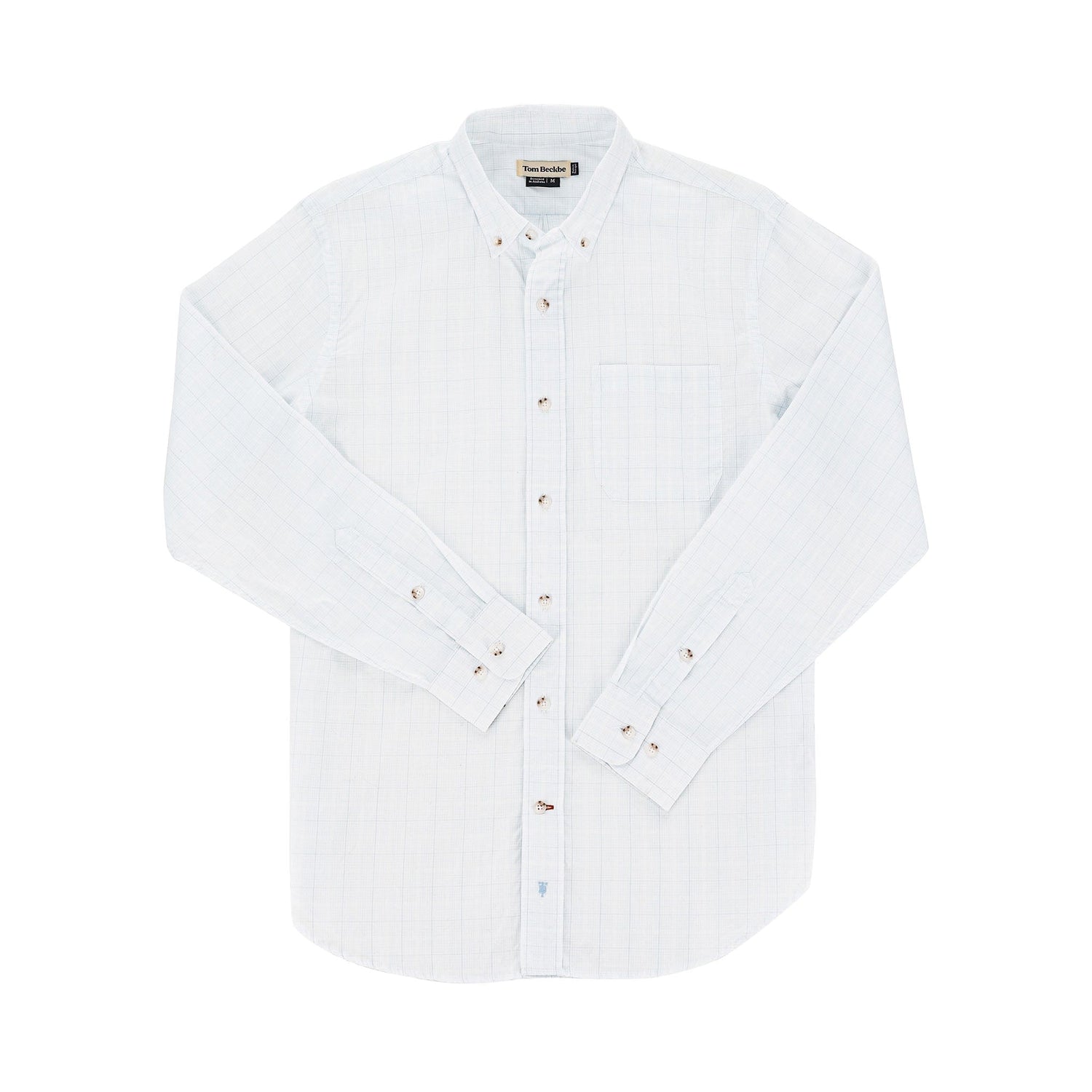 The Tom Beckbe Monroe Poplin Shirt is a light blue plaid, long-sleeve mens cotton sport shirt with a front pocket.