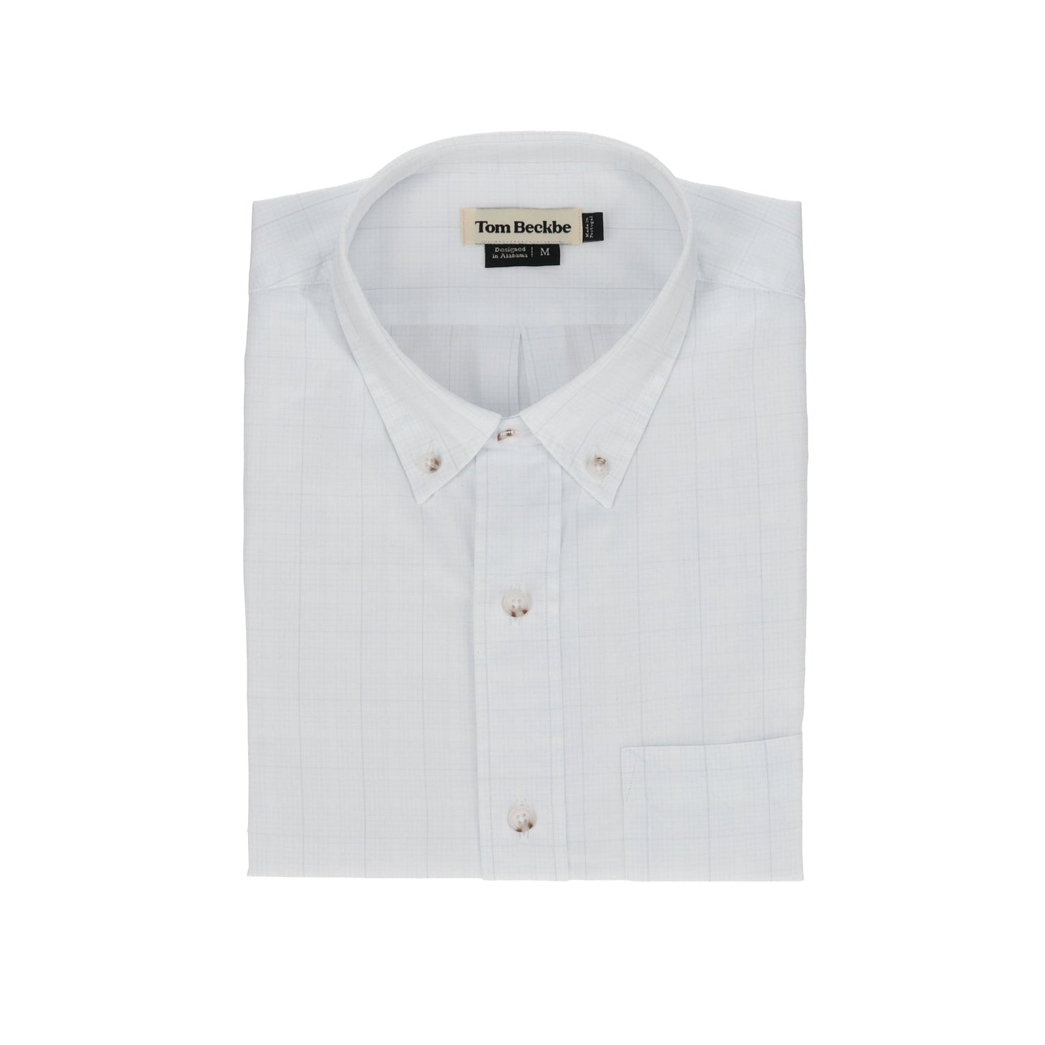 Folded Monroe Poplin Shirt in white cotton with front pocket and Tom Beckbe label on the collar.