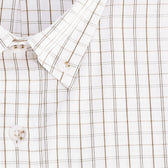 Close-up of the Monroe Poplin Shirt by Tom Beckbe: white breathable cotton with beige and gray grid pattern, white buttons.