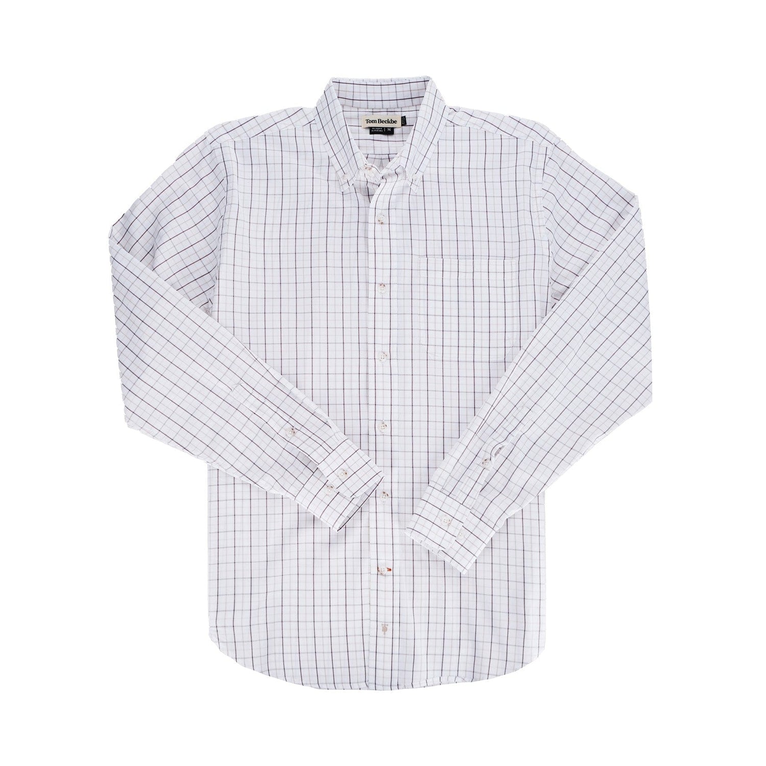 Tom Beckbes Monroe Poplin Shirt: Classic fit, white long-sleeve, blue/red checkered pattern, breathable cotton.