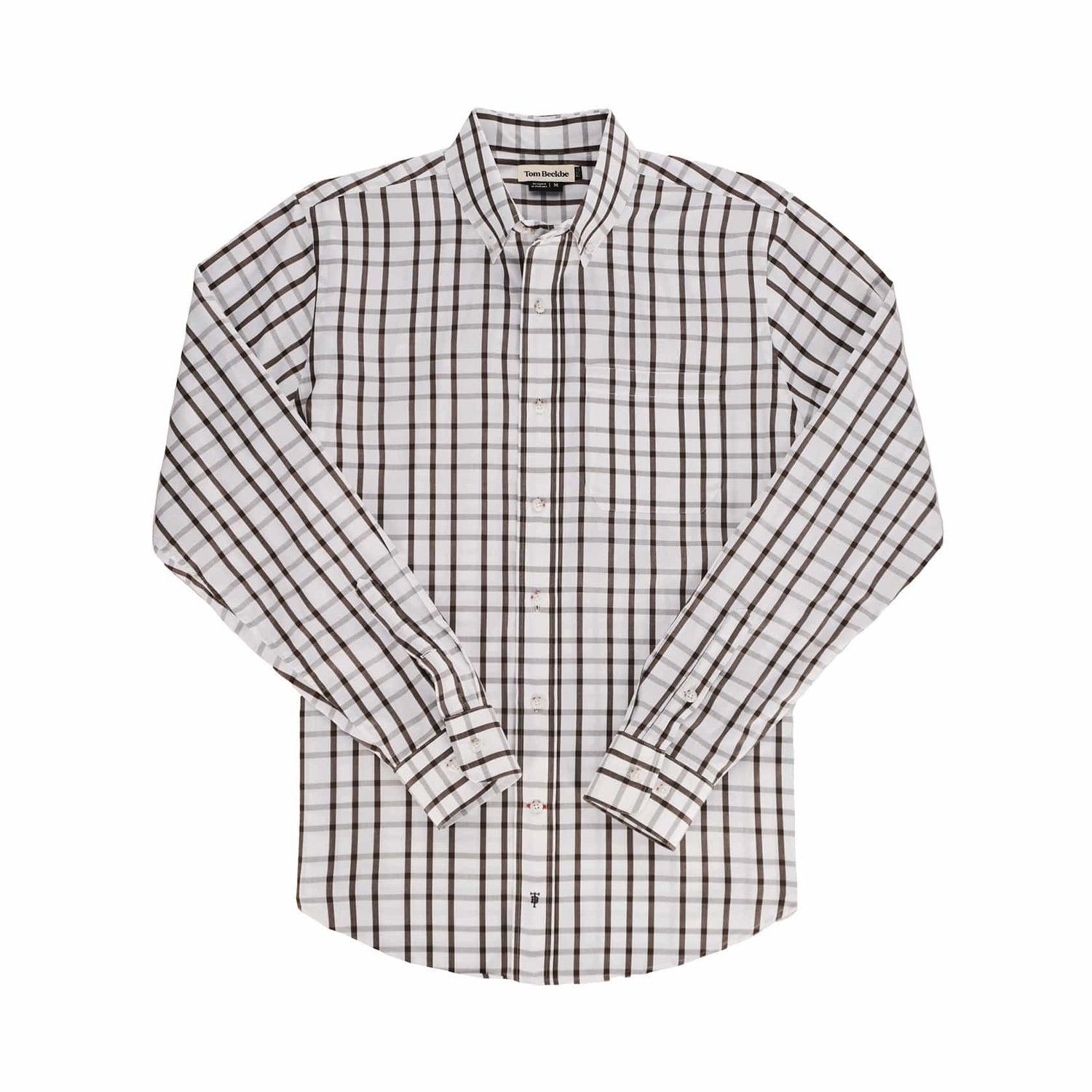 Monroe Poplin Shirt by Tom Beckbe, classic fit white long-sleeve in brown/black plaid cotton, laid flat on a white background.