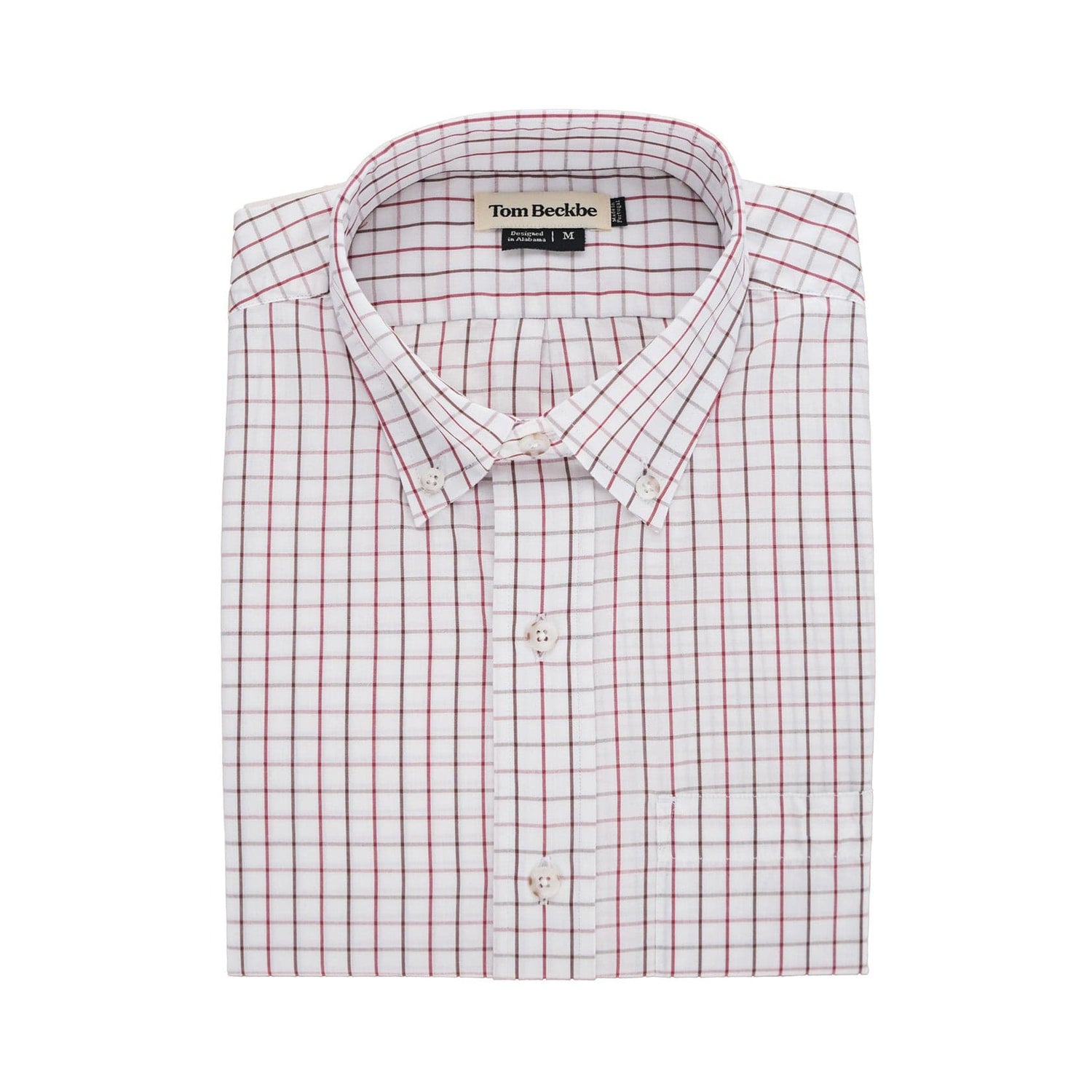 Monroe Poplin Shirt by Tom Beckbe: classic fit white shirt with red grid pattern, breathable cotton, brand label on collar.
