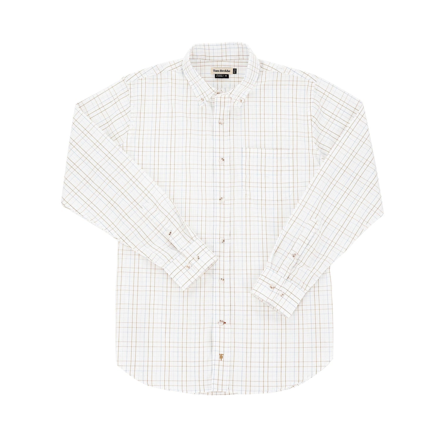 Tom Beckbes Monroe Poplin Shirt is a cotton white long-sleeve button-up with a blue and orange plaid pattern.