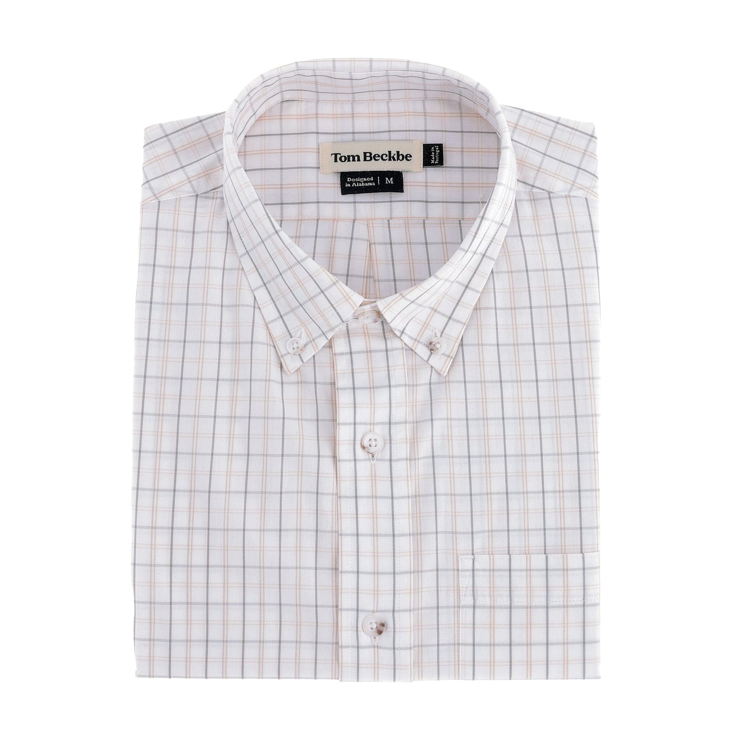 Folded Monroe Poplin Shirt by Tom Beckbe, long-sleeve plaid cotton in Grey Beige with brand label on collar.